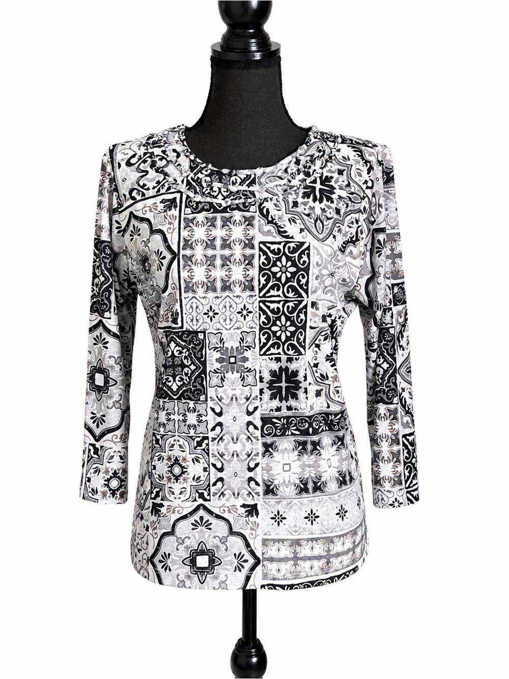 Alfred Dunner Patchwork 3/4 Sleeve Top Women’s Size Small Petite Grandmacore